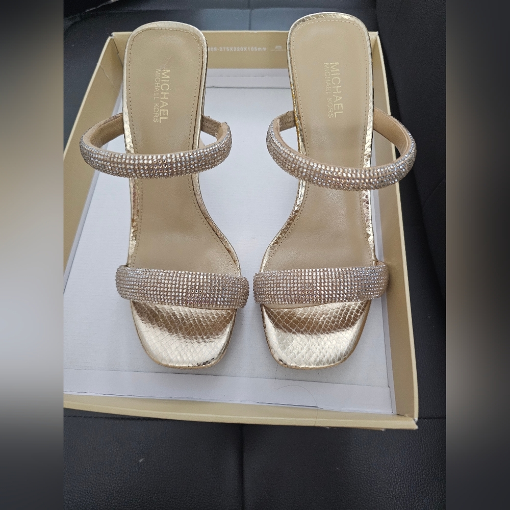 Michael Kors Women's Gold Embellished Croc Embossed 'Clara' Strappy Sandals